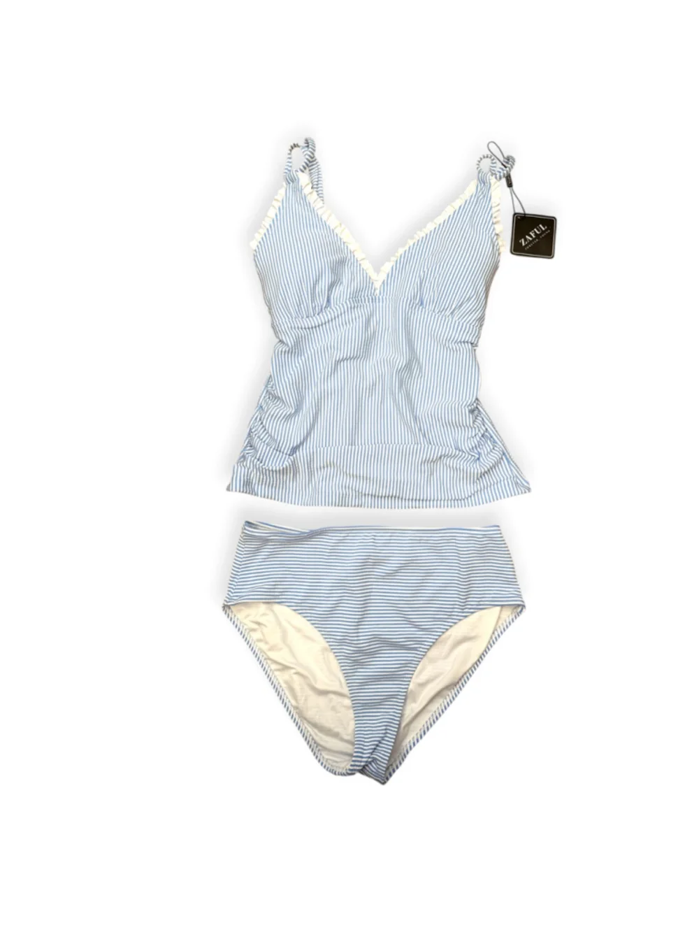 ZAFUL Blue White Striped Ruched Tankini Swimsuit Size Medium NWT